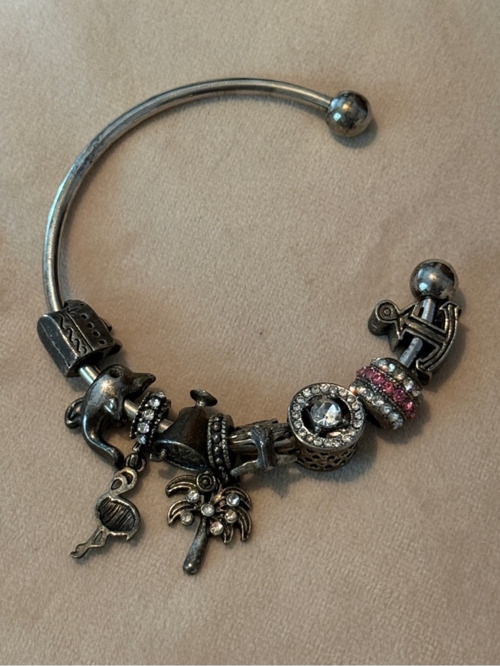 Silver Charm Bangle with Pink and Clear and red Accents